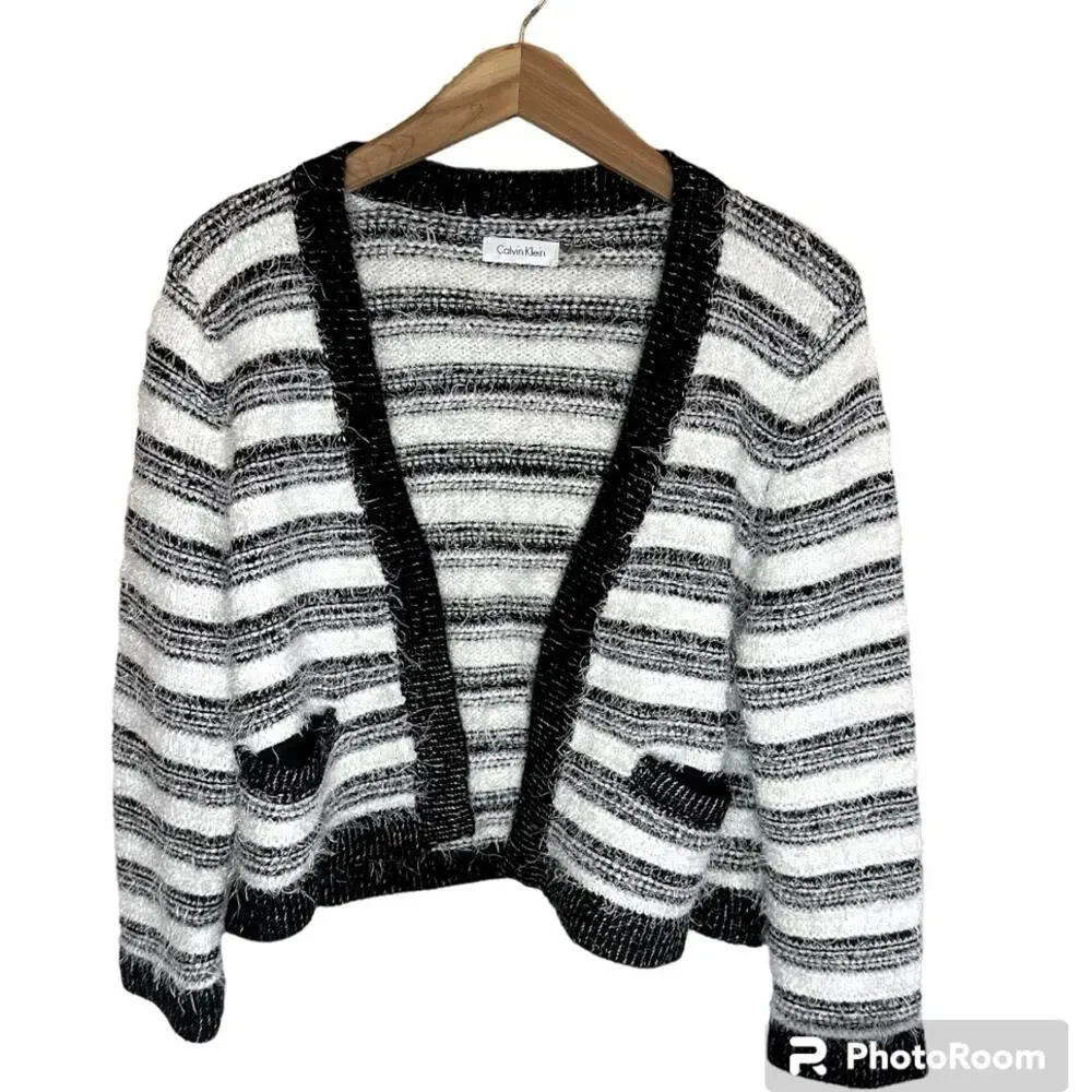 Calvin Klein Cropped Black and White Striped Eyelash Open Front Cardigan Sweater - Picture 1 of 6